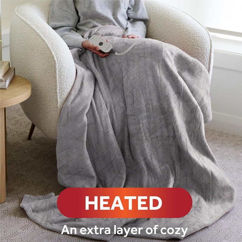 Sunbeam Quilted Royal Posh Velvet Reverse Sherpa Heated Throw Electric Blanket, 50" x 60", 4 Heat Settings, 4-Hour Auto Shut-Off, Warming Cozy Throw for Couch, Sofa or Bed, Machine Washable, Dove Grey - Image 2
